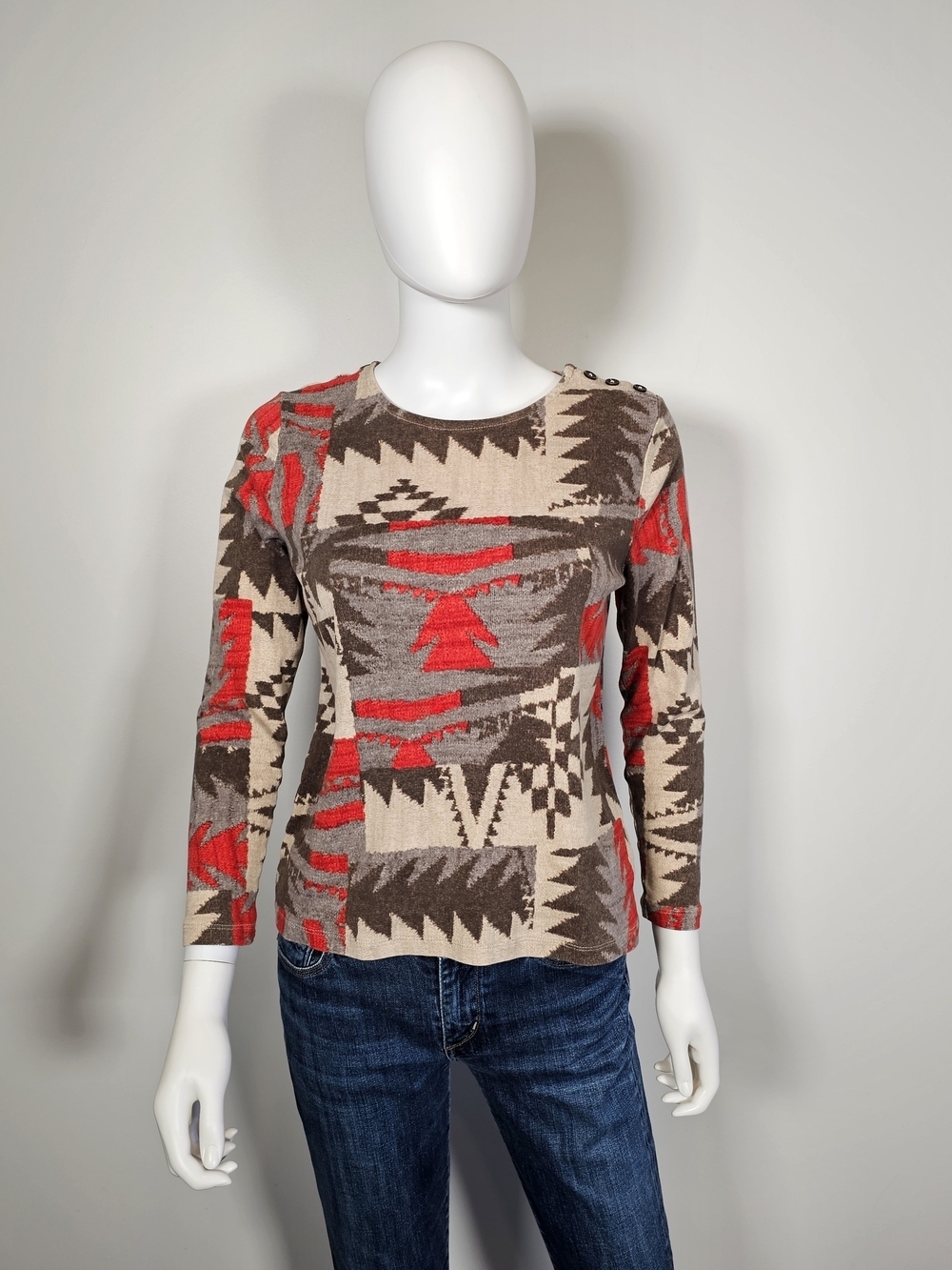 Ralph Lauren Aztec Western Patterned Long Sleeve Scoop Neck Blouse Sz PL